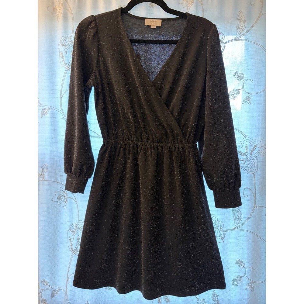 Loft Outlet Black Shimmer Metallic Faux Wrap V-Neck Mini Dress SP